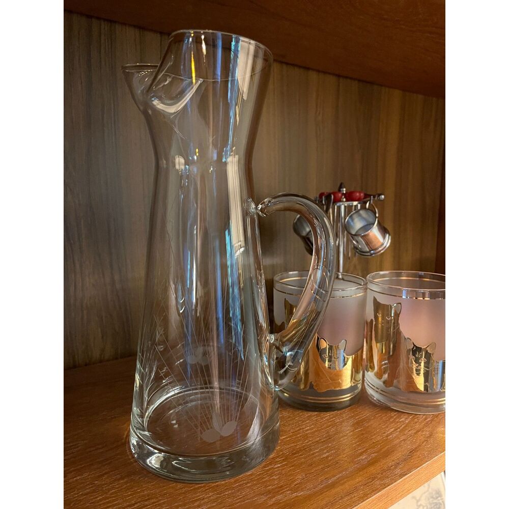 Vintage MCM Atomic Starburst Etched Glass Cocktail Pitcher Carafe 10" Mid Cent